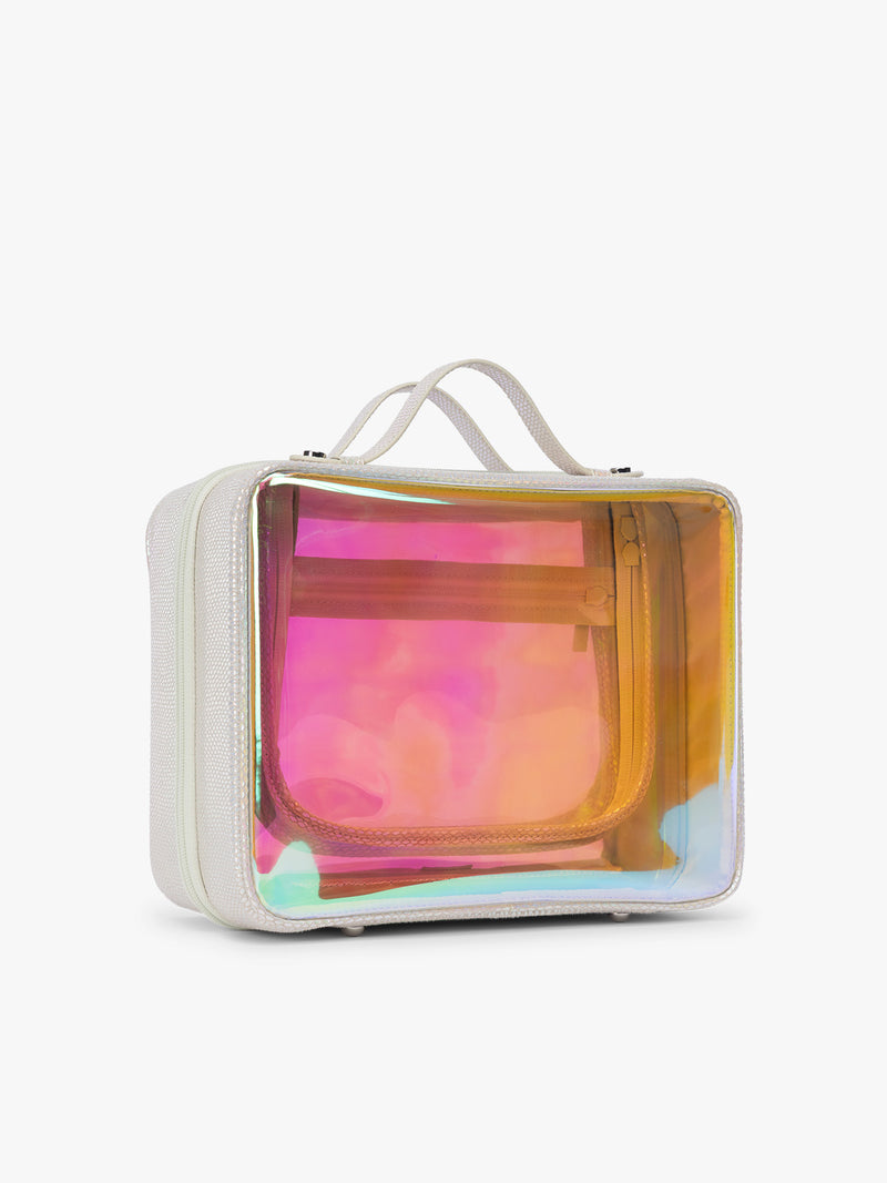 Side view of CALPAK Large Clear Cosmetics Case with white border and iridescent, holographic, and transparent case in Moonbeam on a white background