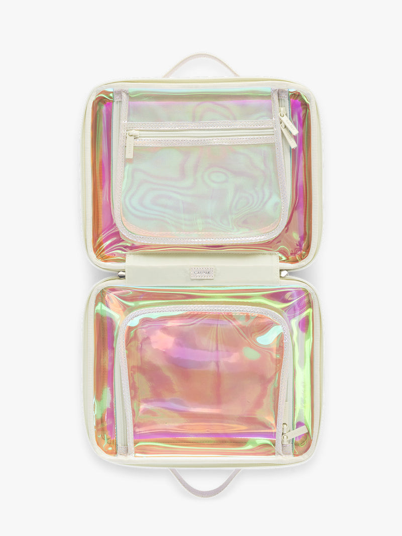 Opened CALPAK Large Clear Cosmetics Case with white border and iridescent, holographic, and transparent case in Moonbeam on a white background