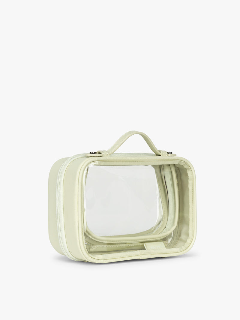 Side view of CALPAK Small Clear Cosmetic Case in light green Celadon