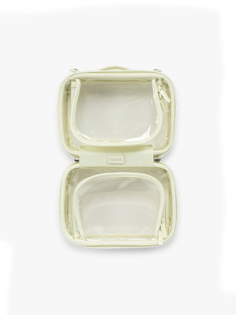 Opened view of CALPAK Small Clear Cosmetic Case in light green Celadon