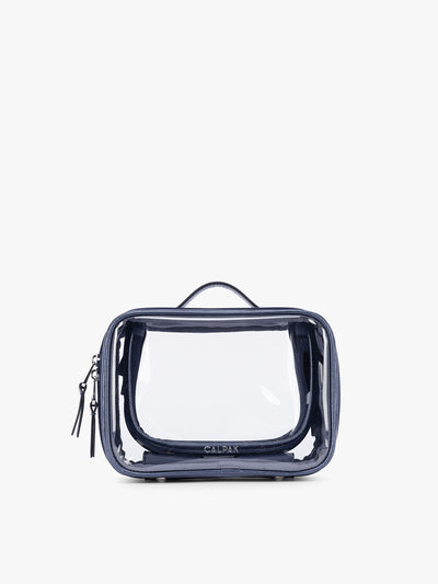 CALPAK Small Clear Cosmetic Case in dark blue Metallic Indigo with white and dark blue gingham interior ; CCM2001-METALLIC-INDIGO view 1