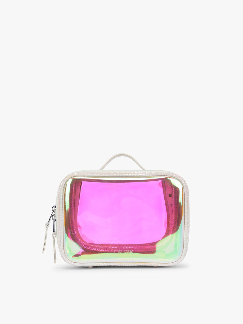 Person wearing beige holding a CALPAK Small Clear Cosmetic Case in Moonbeam with white border and transparent holographic iridescent makeup bag with pink on a white background