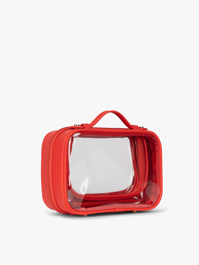 Side view of CALPAK Small  Clear Cosmetic Case in red Tomato