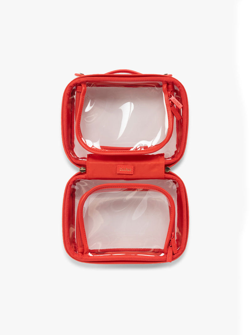 Opened view of CALPAK Small  Clear Cosmetic Case in red Tomato