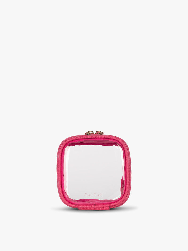 CALPAK Tiny Clear Cosmetic Case in bright pink Dragonfruit front view