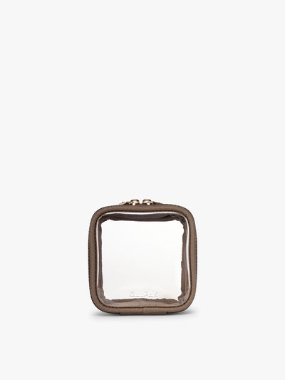 CALPAK Tiny Clear Cosmetics Case in brown Mocha on a white background; CCT2501-MOCHA view 1