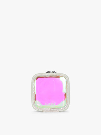 CALPAK Tiny Clear Cometic Case that is square-shaped in iridescent with pink in Moonbeam with a white border on a light gray background; CCT2501-MOONBEAM view 1