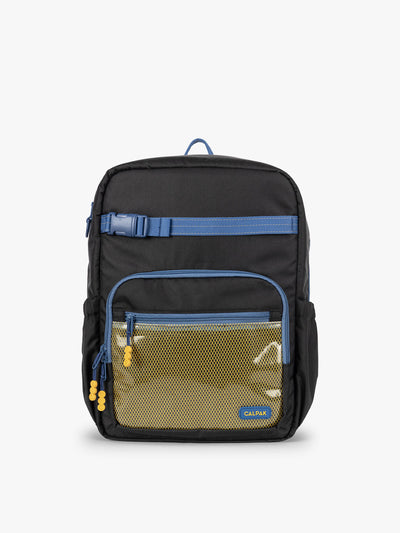 CALPAK Kids Large Backpack in Black for ages 8-12 is built for your little one’s big days with blue zippers and yellow mesh front pocket, multiple interior pockets, and padded comfort straps; CKBL2501-BLACK view 1