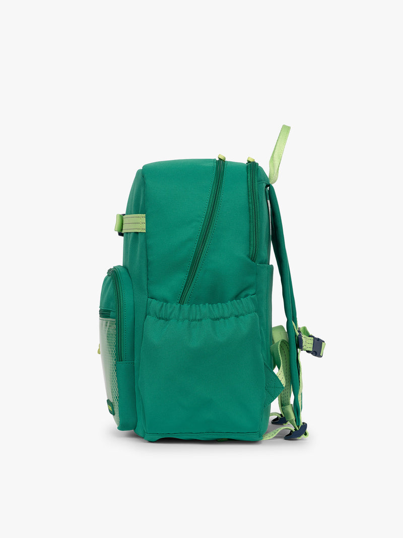 Side view of the green CALPAK Kids Large Backpack with lime green accents on a white background