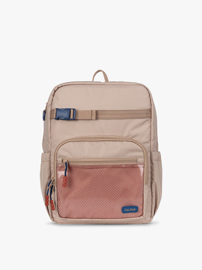CALPAK Kids Large Backpack in brown and tan Khaki for ages 8-12 is built for your little one’s big days with dark brown and tan zippers and red mesh front pocket, multiple interior pockets, and padded comfort straps; CKBL2501-KHAKI view 1