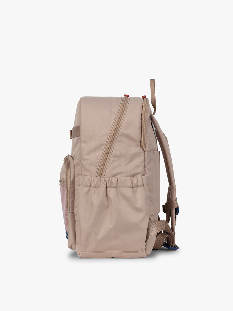CALPAK Kids Large Backpack in brown and tan Khaki for ages 8-12 side view with water bottle holder pocket