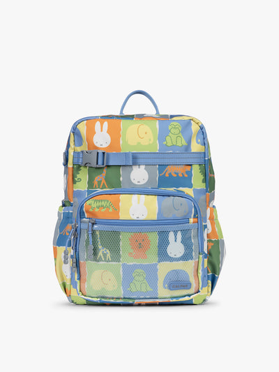 Front view of CALPAK Kids Large Backpack with Miffy and blue colorful animal pattern on a white background; CKBL2501-MIFFY-BLUE-ZOO-TRIP view 1