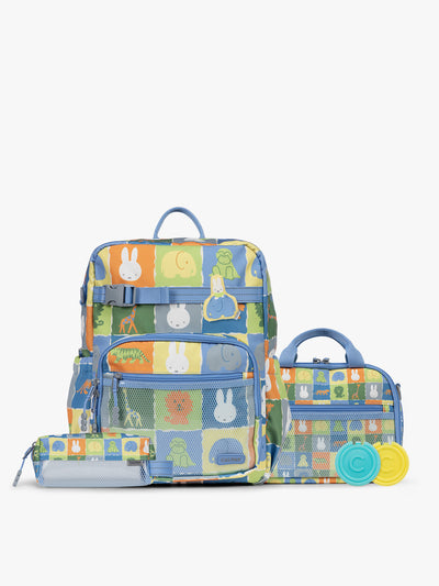 Colorful CALPAK + Miffy Kids Essentials Set with children's Large backpack, lunch bag , pencil case set on a white background with blue accents and Miffy with other animals; BCKL5000-MIFFY-BLUE-ZOO-TRIP view 1
