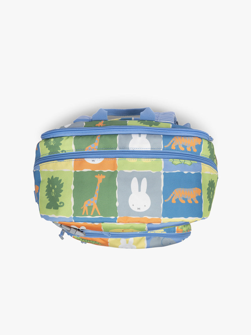 Top of CALPAK Kids Large Backpack with Miffy and blue colorful animal pattern on a white background