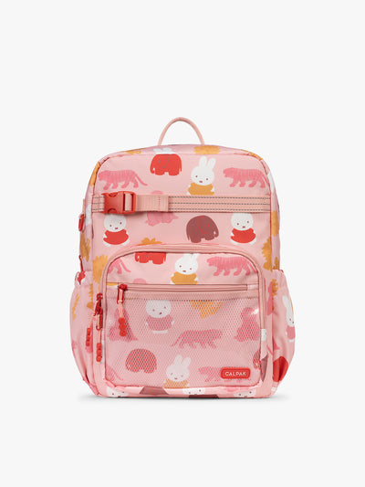Front view of CALPAK Kids Large Backpack with Miffy and pink colorful animal pattern on a white background; CKBL2501-MIFFY-PINK-ZOO-TRIP view 1