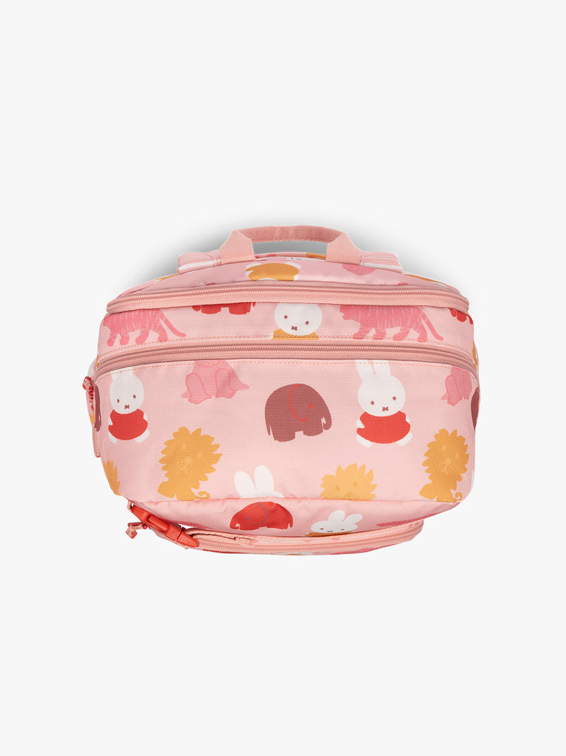 Top view of Side view of CALPAK Kids Large Backpack with Miffy and pink colorful animal pattern on a white background