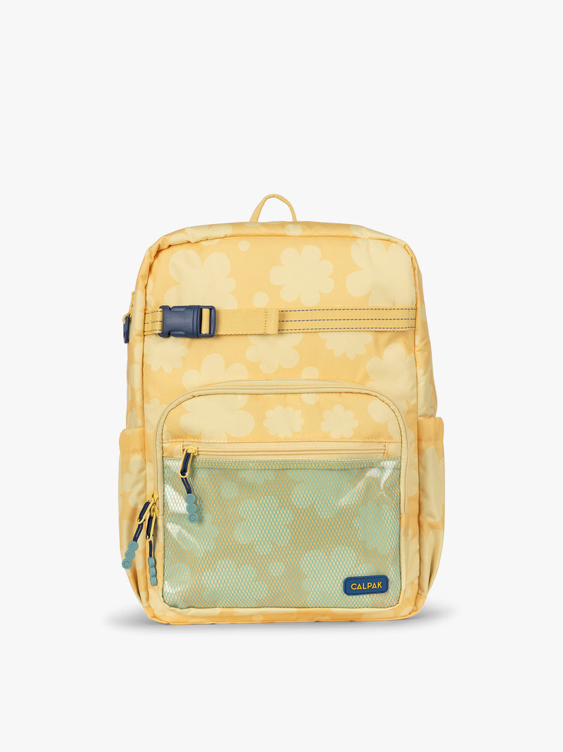 CALPAK Kids Large Backpack in yellow with tan flower print in Yellow Bloom for ages 8-12 side view with water bottle holder pocket