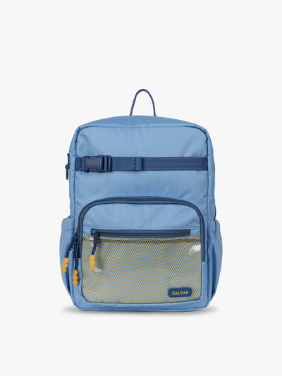 CALPAK Kids Medium Backpack in Blue for ages 5-8 is built for your little one’s big days with dark blue zippers and yellow mesh front pocket, multiple interior pockets, and padded comfort straps; CKBM2501-BLUE view 1