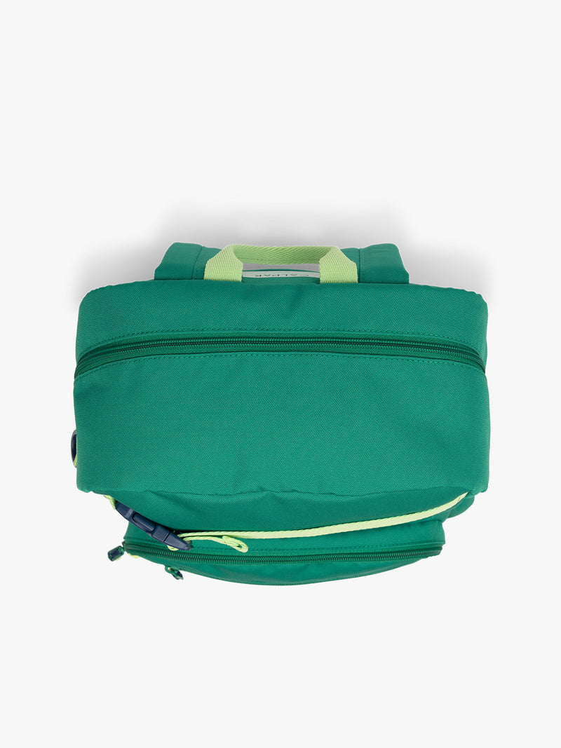 Top view of Green CALPAK Kids Medium Backpack with lime green accents on a white background