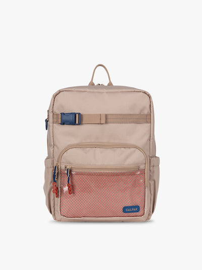 CALPAK Kids Medium Backpack in brown and tan Khaki for ages 5-8 is built for your little one’s big days with dark brown and tan zippers and red mesh front pocket, multiple interior pockets, and padded comfort straps; CKBM2501-KHAKI view 1