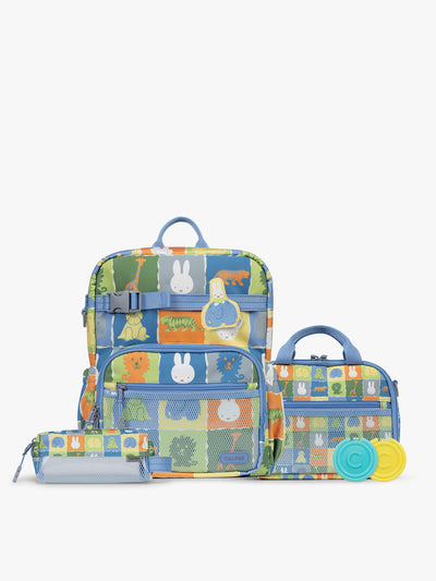 Colorful CALPAK + Miffy Kids Essentials Set with children's Medium backpack, lunch bag , pencil case set on a white background with blue accents and Miffy with other animals; BCKM5000-MIFFY-BLUE-ZOO-TRIP view 1