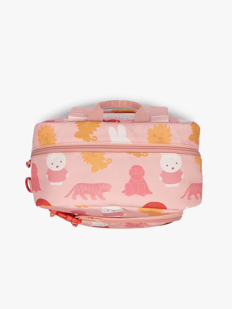 Top view of CALPAK Kids Medium Backpack with Miffy and pink colorful animal pattern on a white background