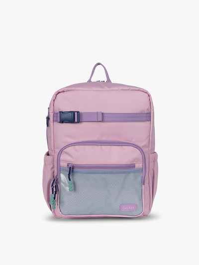 CALPAK Kids Medium Backpack in lavender pink Orchid Pink for ages 5-8 is built for your little one’s big days with lavender pink  zippers and blue mesh front pocket, multiple interior pockets, and padded comfort straps; CKBM2501-ORCHID-PINK view 1