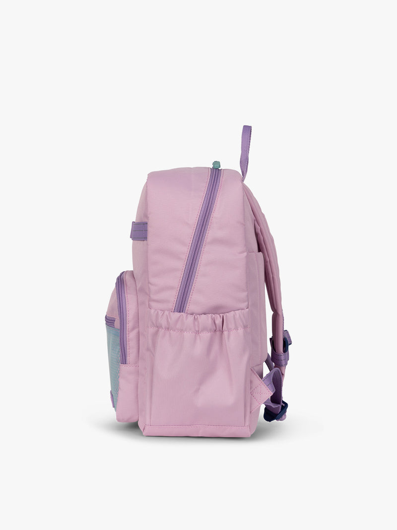 CALPAK Kids Medium Backpack in lavender pink Orchid Pink for ages 5-8 side view with water bottle holder pocket