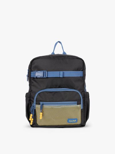 CALPAK Kids Small Backpack in Black for ages 3-5 is built for your little one’s big days with blue zippers and yellow mesh front pocket, multiple interior pockets for an 11” tablet or laptop, and padded comfort straps; CKBS2501-BLACK view 1