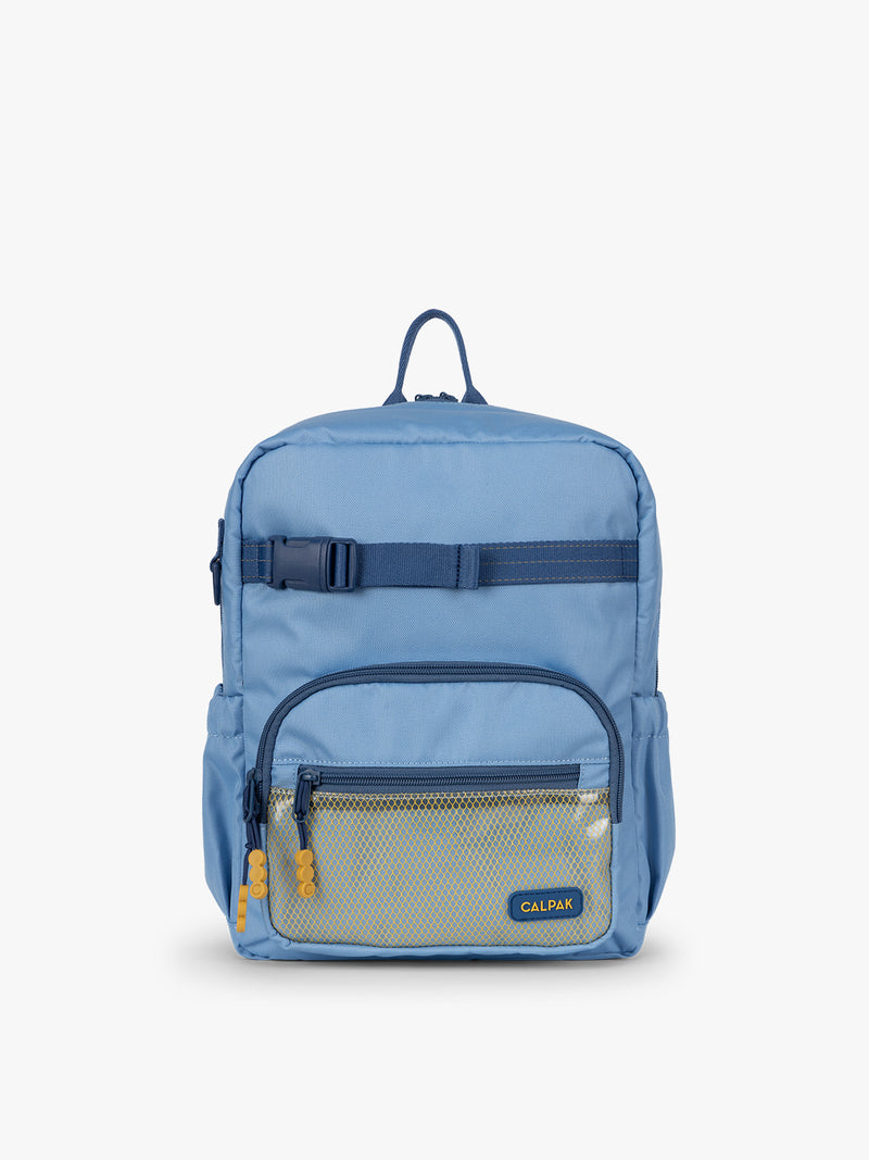 CALPAK Kids Small Backpack in Blue for ages 3-5 is built for your little one’s big days with dark blue zippers and yellow mesh front pocket, multiple interior pockets for an 11” tablet or laptop, and padded comfort straps