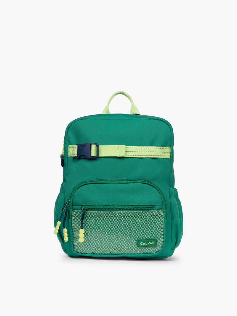 Green CALPAK Kids Small Backpack with lime green accents on a white background