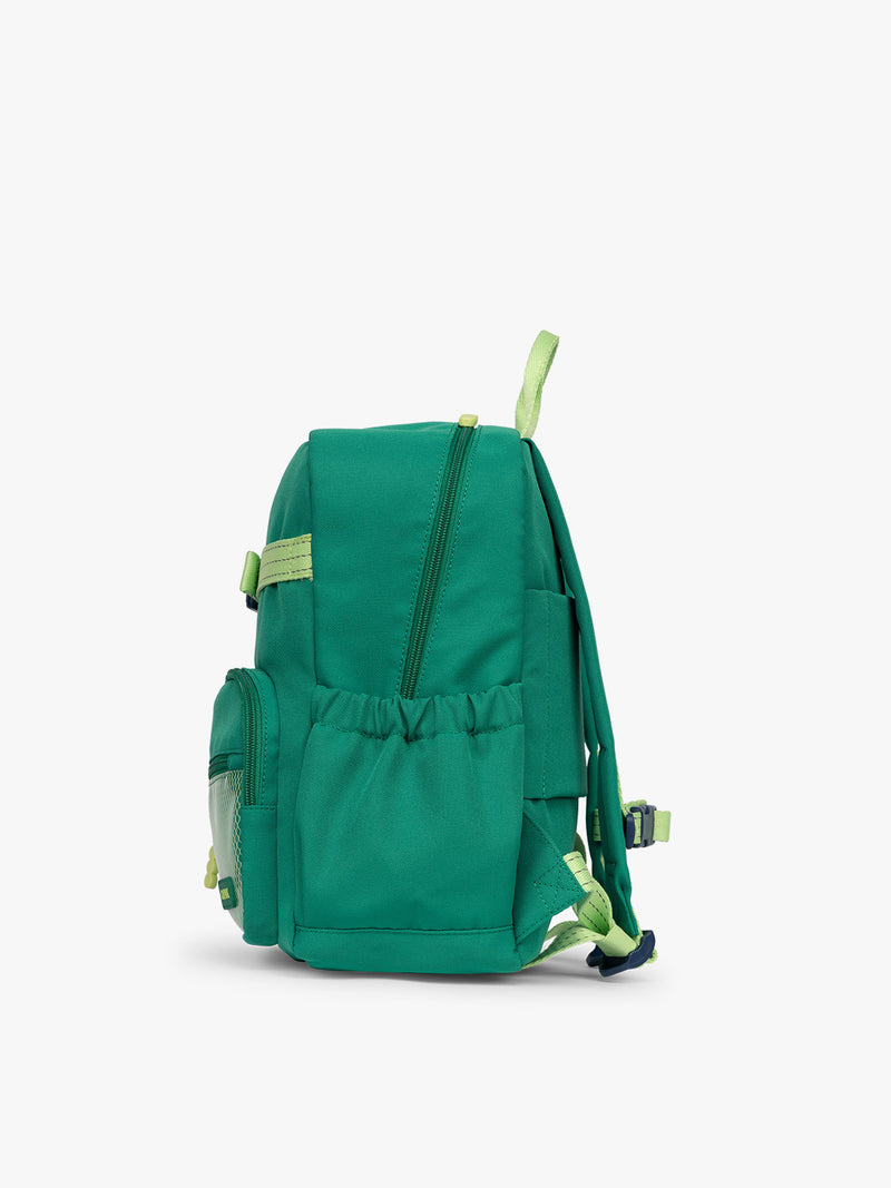 Side view of the Green CALPAK Kids Small Backpack with lime green accents on a white background
