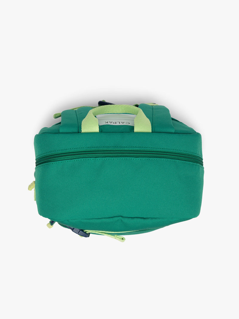 Top view of Green CALPAK Kids Small Backpack with lime green accents on a white background