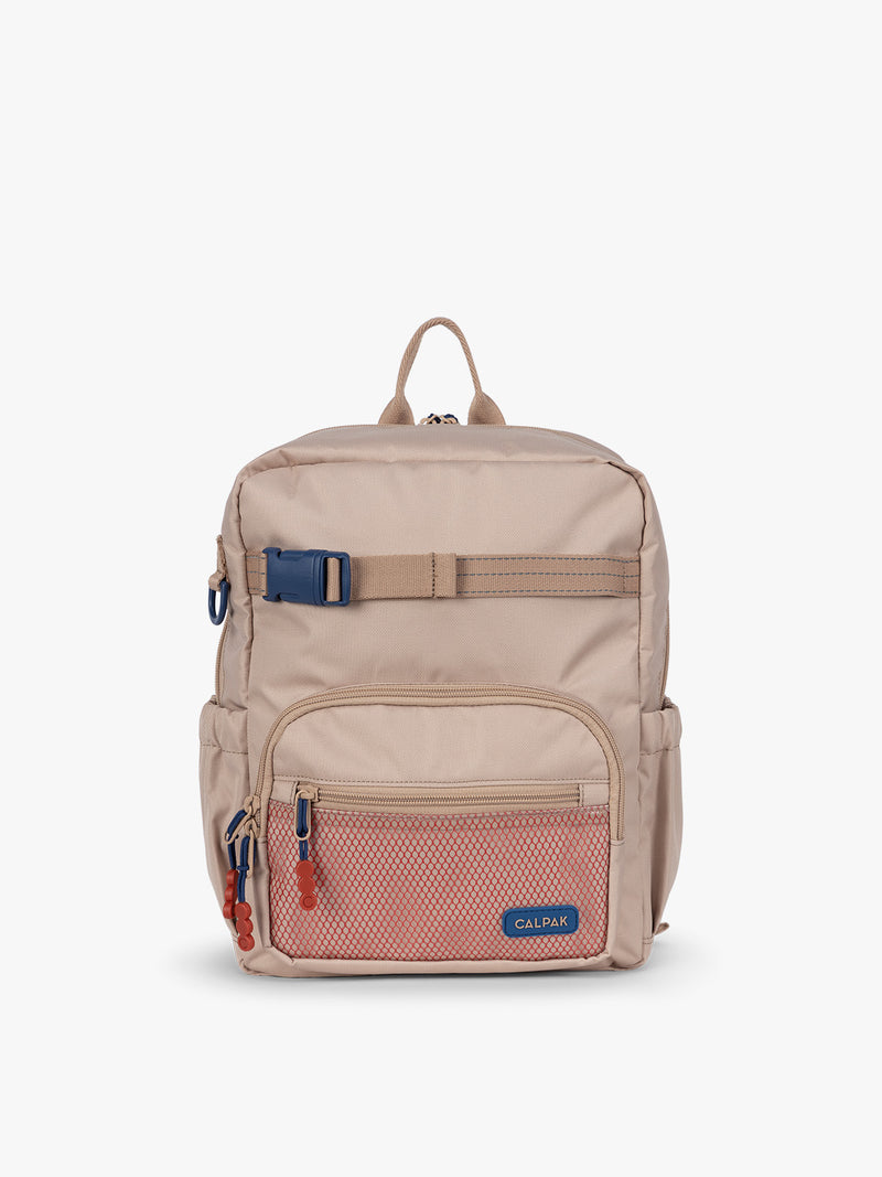 CALPAK Kids Small Backpack in brown and tan Khaki for ages 3-5 is built for your little one’s big days with dark brown and tan zippers and red mesh front pocket, multiple interior pockets for an 11” tablet or laptop, and padded comfort straps