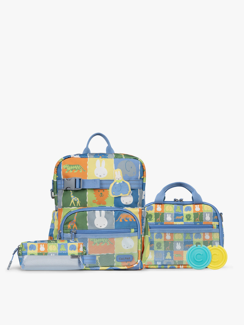 Colorful CALPAK + Miffy Kids Essentials Set with children's Small backpack, lunch bag , pencil case set on a white background with blue accents and Miffy with other animals; BCKS5000-MIFFY-BLUE-ZOO-TRIP