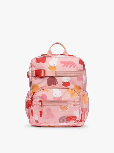 CALPAK Kids Small Backpack with Miffy and pink colorful animal pattern on a white background; CKBS2501-MIFFY-PINK-ZOO-TRIP view 1
