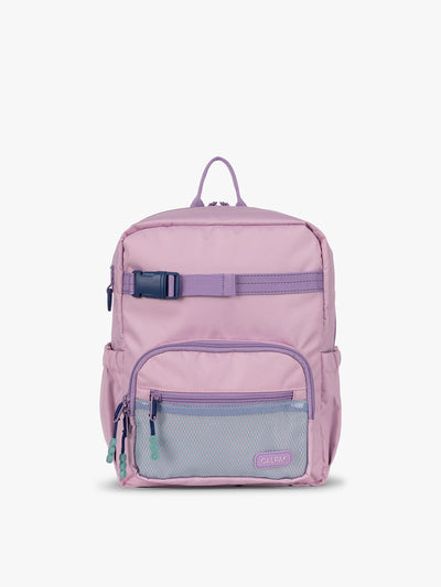 CALPAK Kids Small Backpack in lavender pink Orchid Pink for ages 3-5 is built for your little one’s big days with lavender pink  zippers and blue mesh front pocket, multiple interior pockets for an 11” tablet or laptop, and padded comfort straps; CKBS2501-ORCHID-PINK view 1