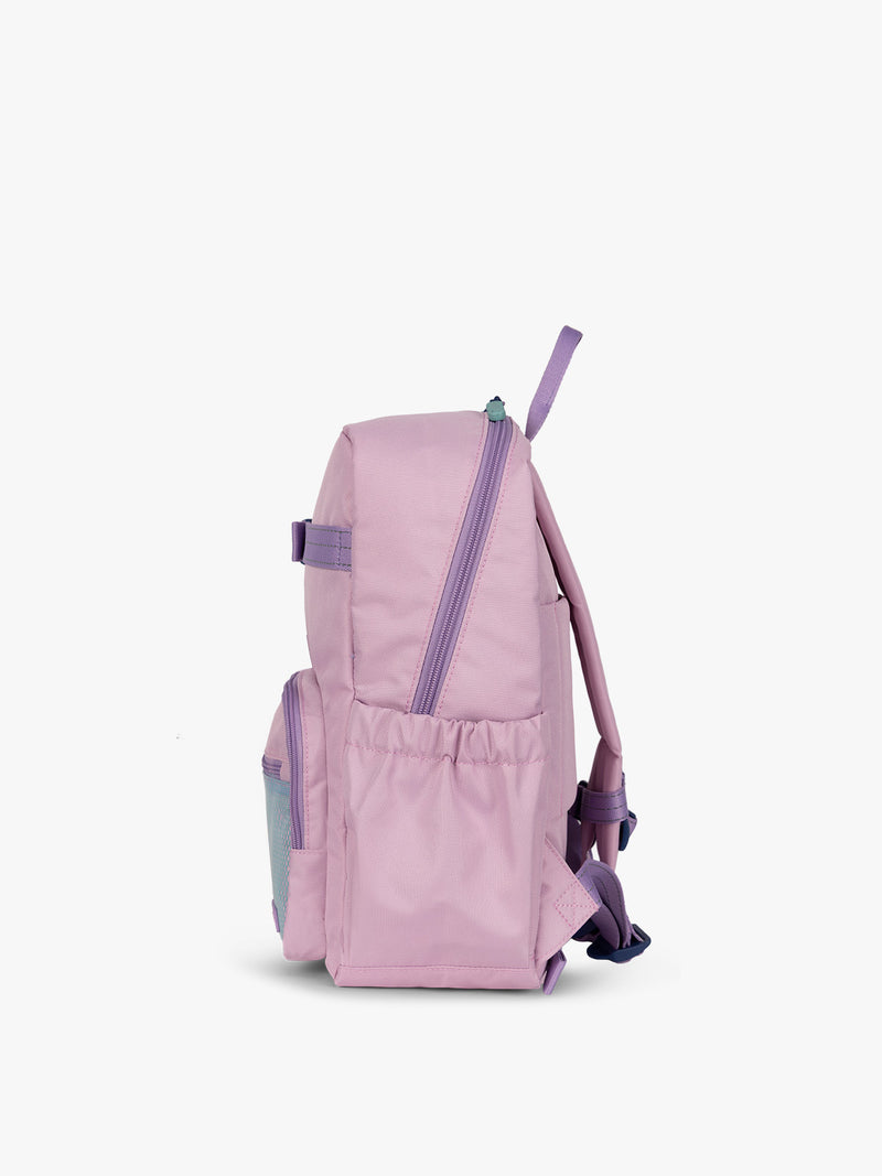 CALPAK Kids Small Backpack in lavender pink Orchid Pink for ages 3-5 side view with water bottle holder pocket