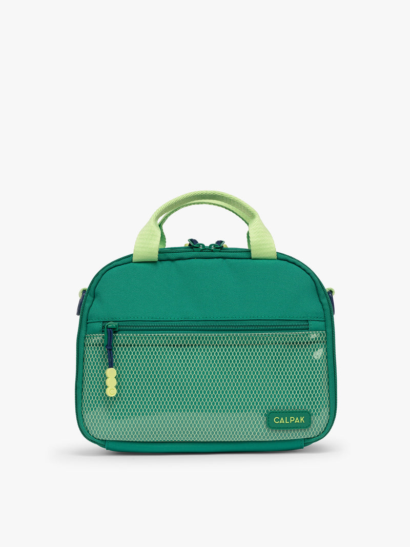 Green CALPAK Kids Lunch Bag with lime green accents and front mesh pocket on a white background