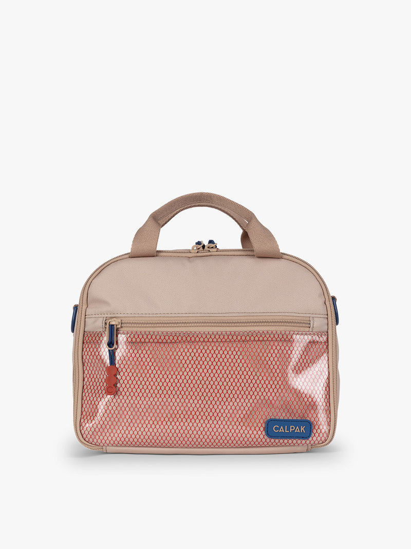 CALPAK Kids Lunch Bag in brown and tan Khaki front view with tan brown zippers and red mesh front pocket, water-proof lining, insulated, multiple interior pockets, and back name tag