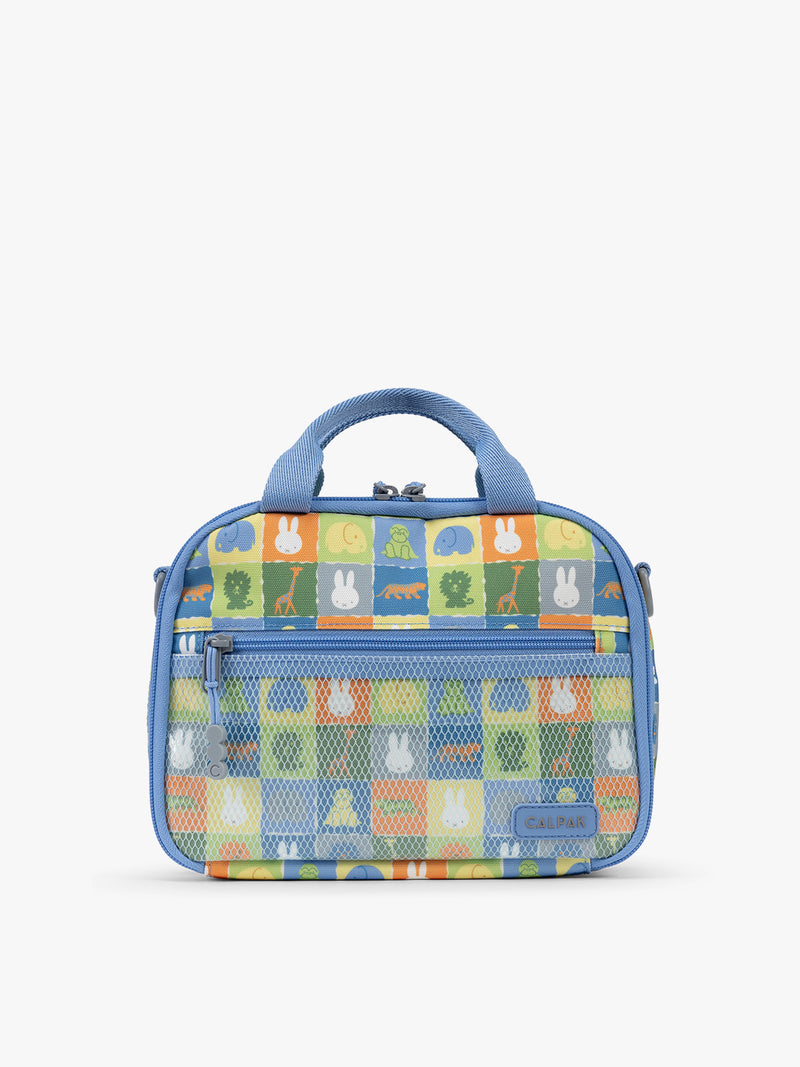Front side of CALPAK Kids Lunch Bag with Miffy and animal pattern with mesh front pocket and top handles on a white background