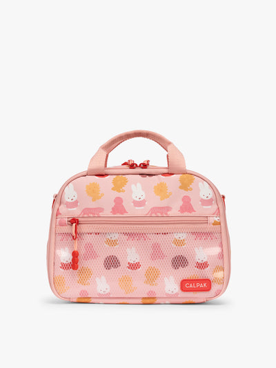 Pink CALPAK Kids Lunch Bag with Miffy and animal pattern with mesh front pocket and top handles on a white background; CKLB2501-MIFFY-PINK-ZOO-TRIP view 1