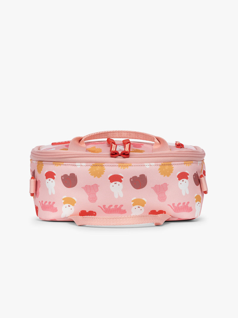 Pink CALPAK Kids Lunch Bag with Miffy and animal pattern with mesh front pocket and top handles on a white background that shows height