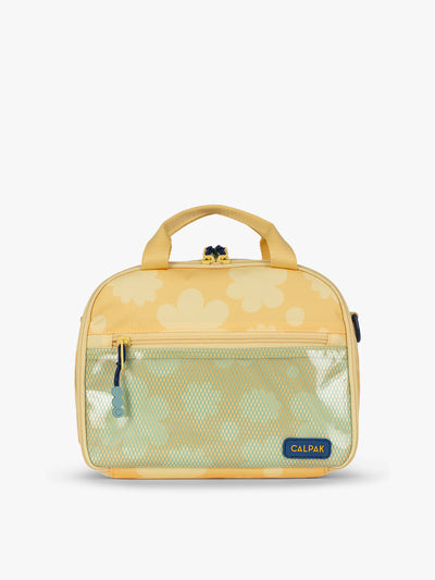 CALPAK Kids Lunch Bag in yellow with tan flower print in Yellow Bloom front view with yellow zippers and blue mesh front pocket, water-proof lining, insulated, multiple interior pockets, and back name tag; CKLB2501-YELLOW-BLOOM view 1
