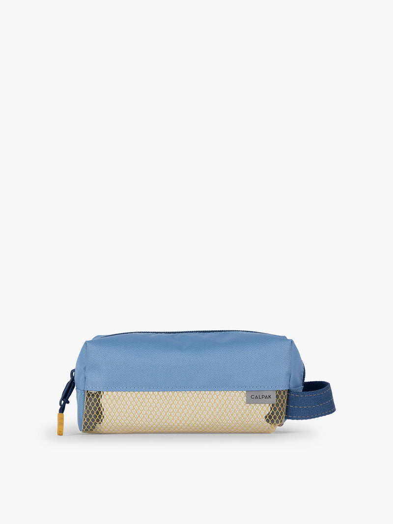 CALPAK Kids Pencil Case in Blue front view with dark blue zippers and yellow mesh front pocket