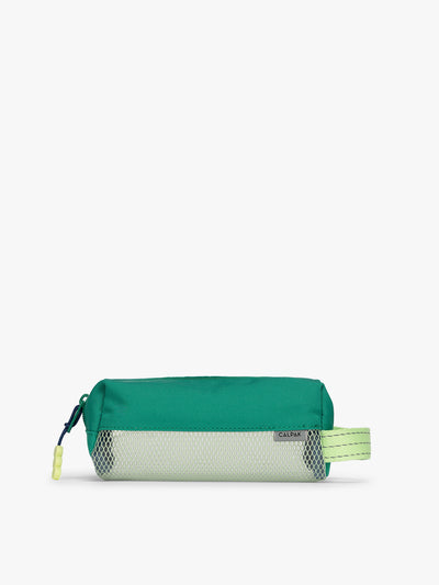 Green CALPAK Kids Pencil Case with lime green accents and mesh bottom on a white background; CKPC2501-GREEN view 1