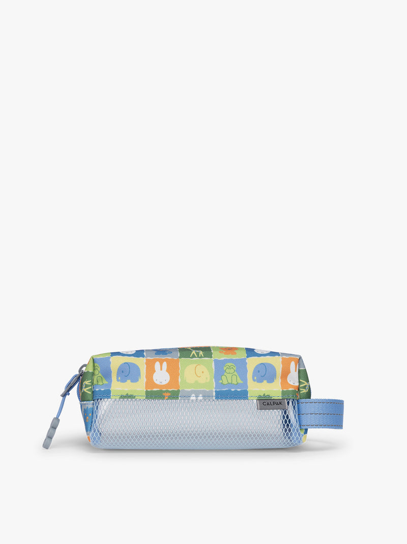 Colorful CALPAK Kids Pencil Case with Miffy and cartoon designs on a white background in Miffy Blue Zoo Trip