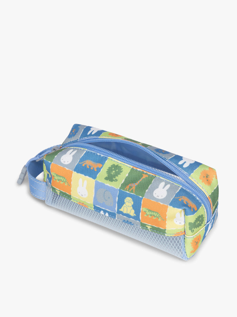 Side view of colorful CALPAK Kids Pencil Case with Miffy and cartoon designs on a white background in Miffy Blue Zoo Trip