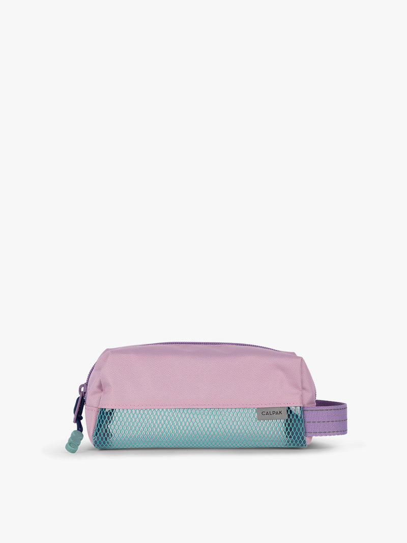 CALPAK Kids Pencil Case in lavender pink Orchid Pink front view with lavender pink zippers and blue mesh front pocket