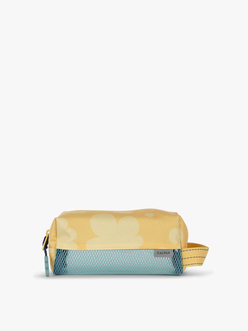CALPAK Kids Pencil Case in yellow with tan flower print in Yellow Bloom front view with yellow zippers and blue mesh front pocket
